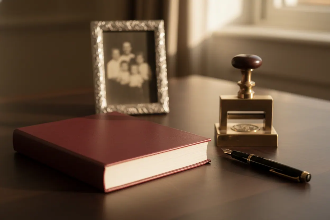 A bound will and trust document with a brass embosser.