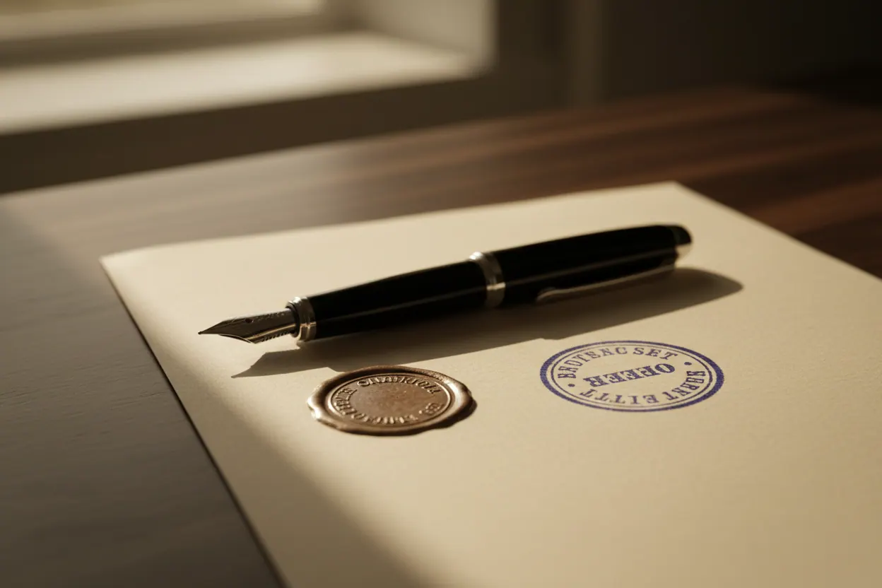 A black fountain pen on a notarized document with an embossed seal.