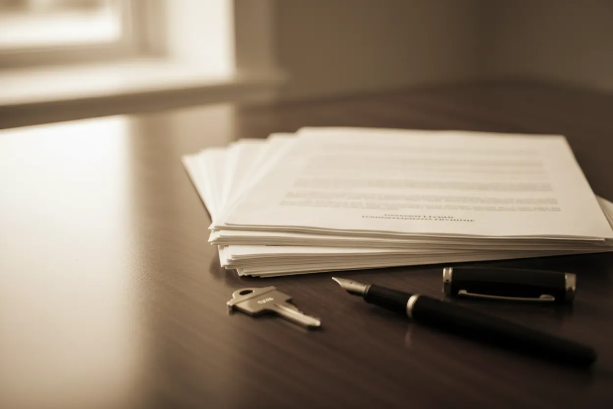 A stack of mortgage closing documents with a brass key.