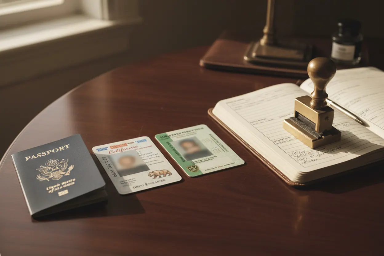 A US passport, California driver's license, and military ID arranged on a dark walnut desk.